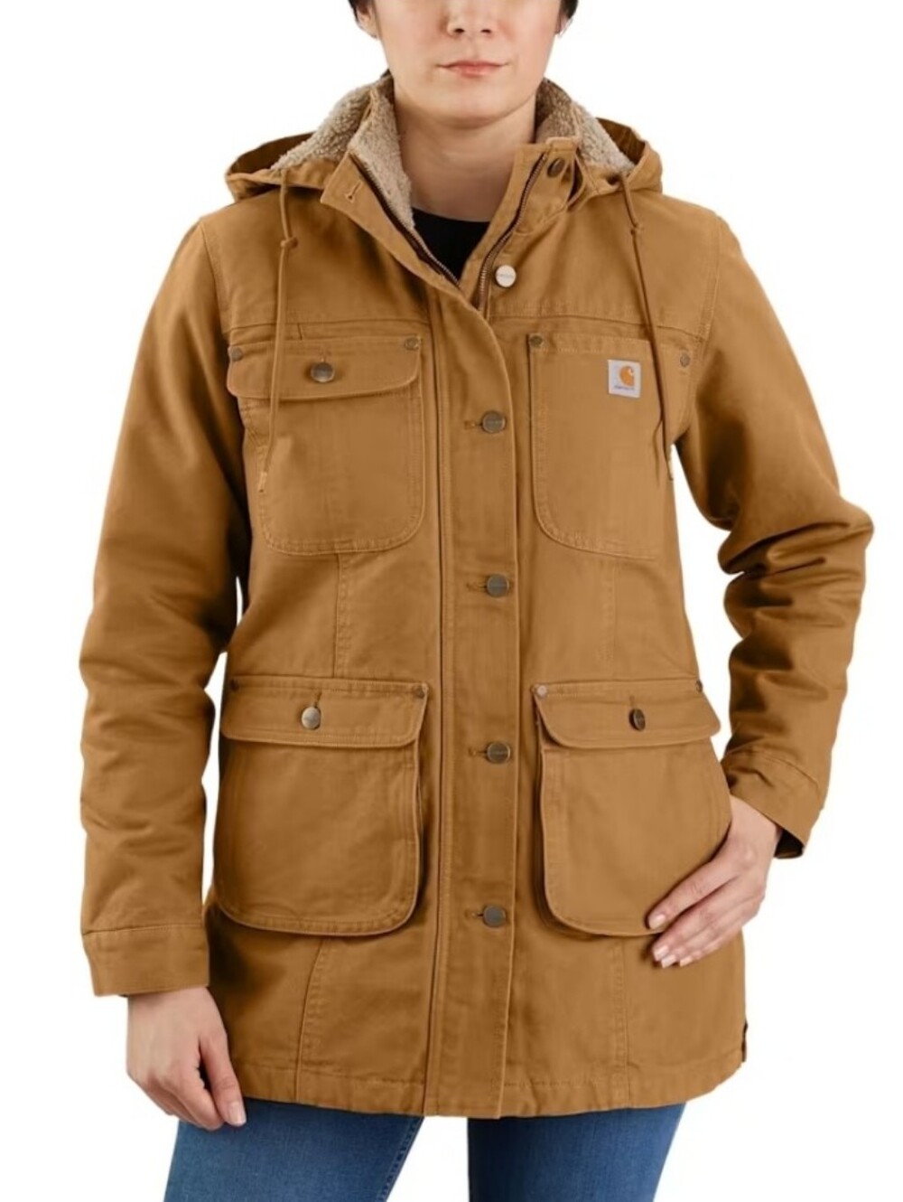 Carhartt Brown Duck Canvas Hooded Utility Work Jacket Coat Womens Size M (8-10)